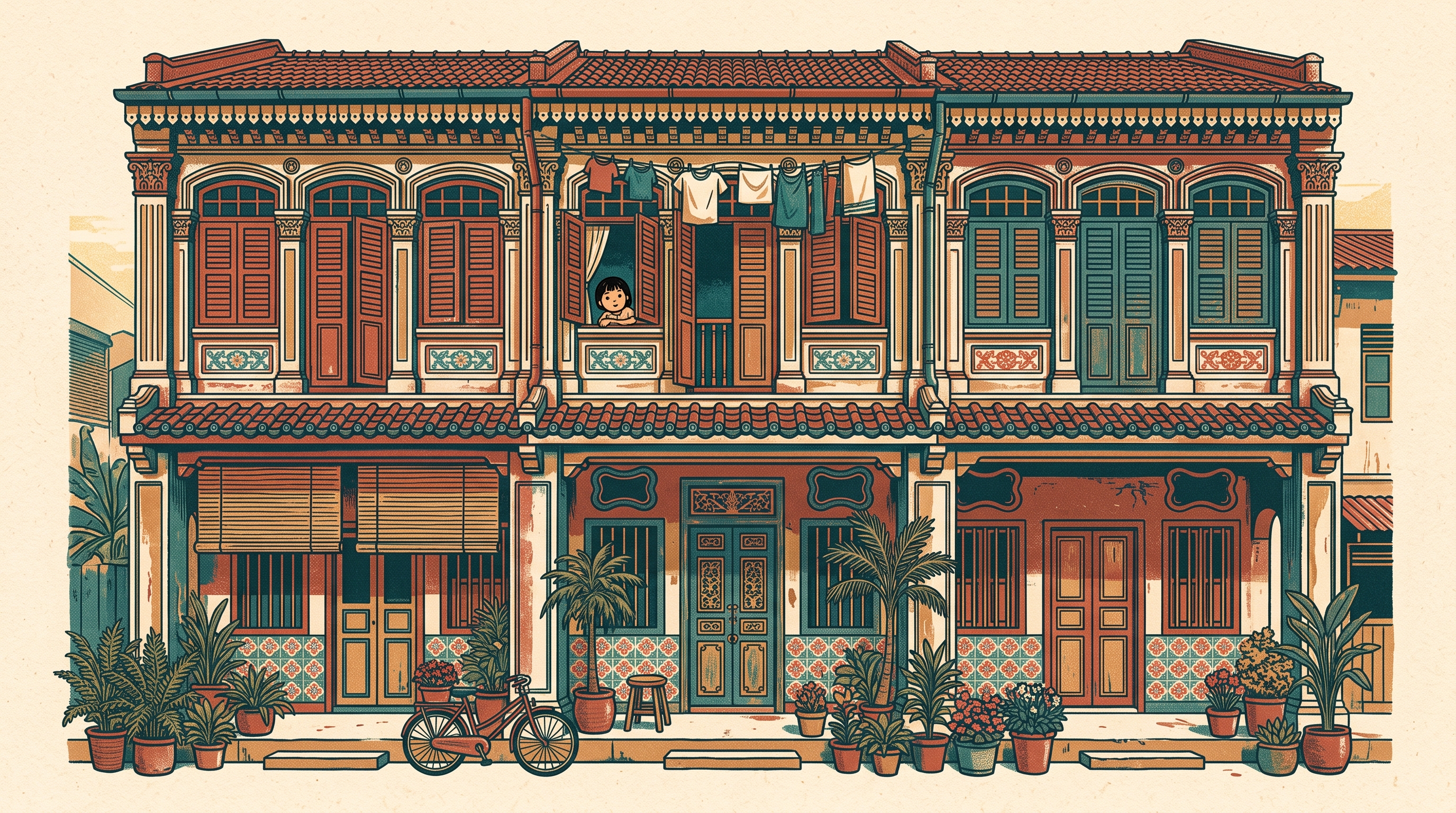 Illustration of old Peranakan shophouse fronts with shuttered windows, carved doors and laundry drying upstairs