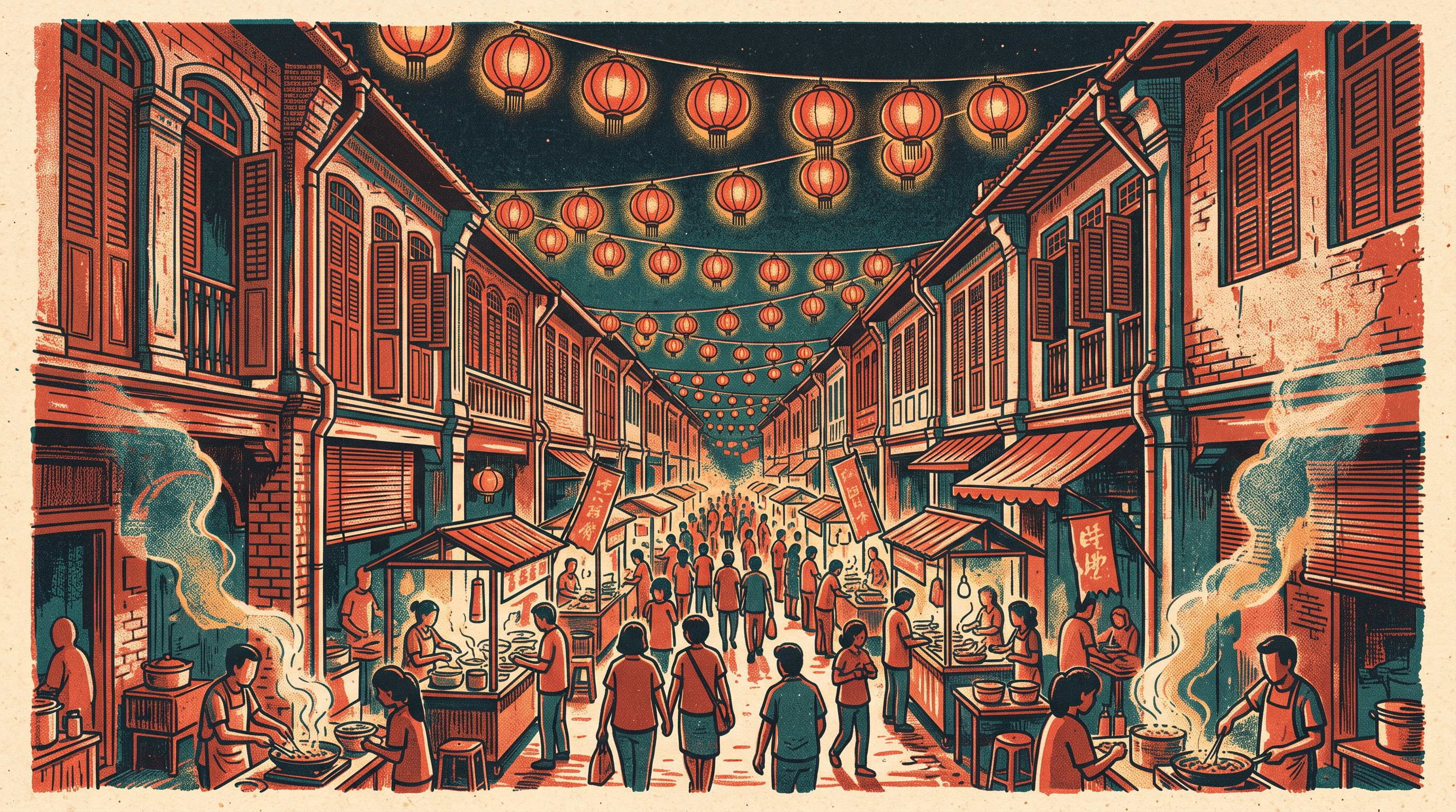 Illustration of a crowded night market street lined with old shophouses under red lanterns