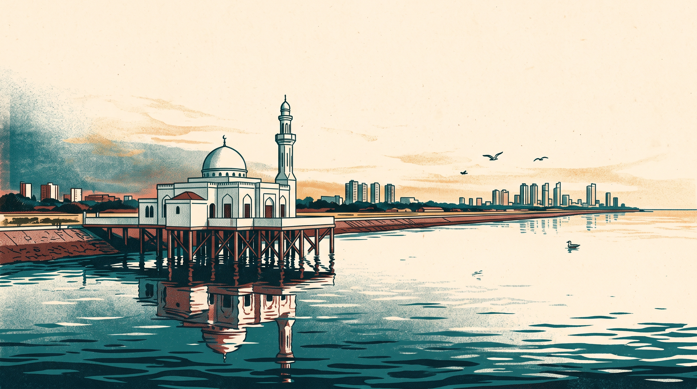 Illustration of a white mosque standing over calm sea water, with a long reclaimed shoreline and distant towers