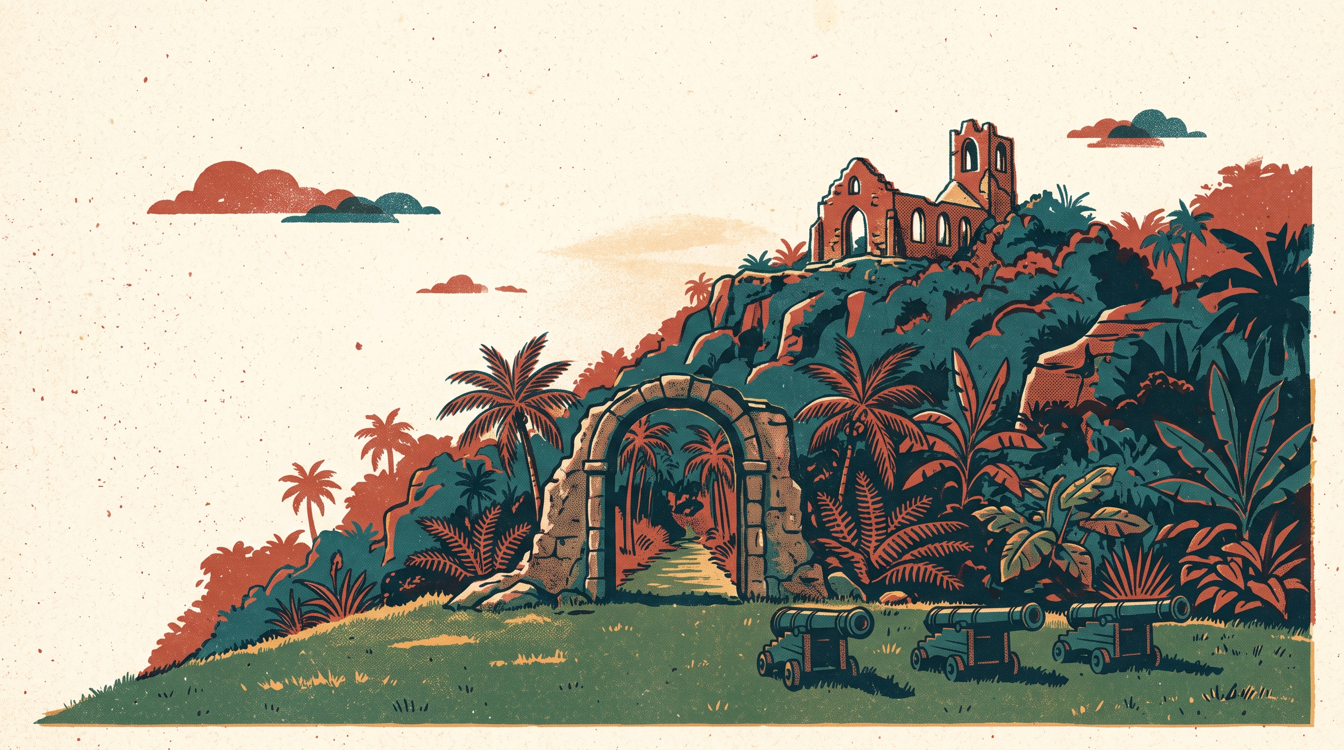 Illustration of a lone stone gateway with old cannons on a lawn, and a roofless church on the hill behind it