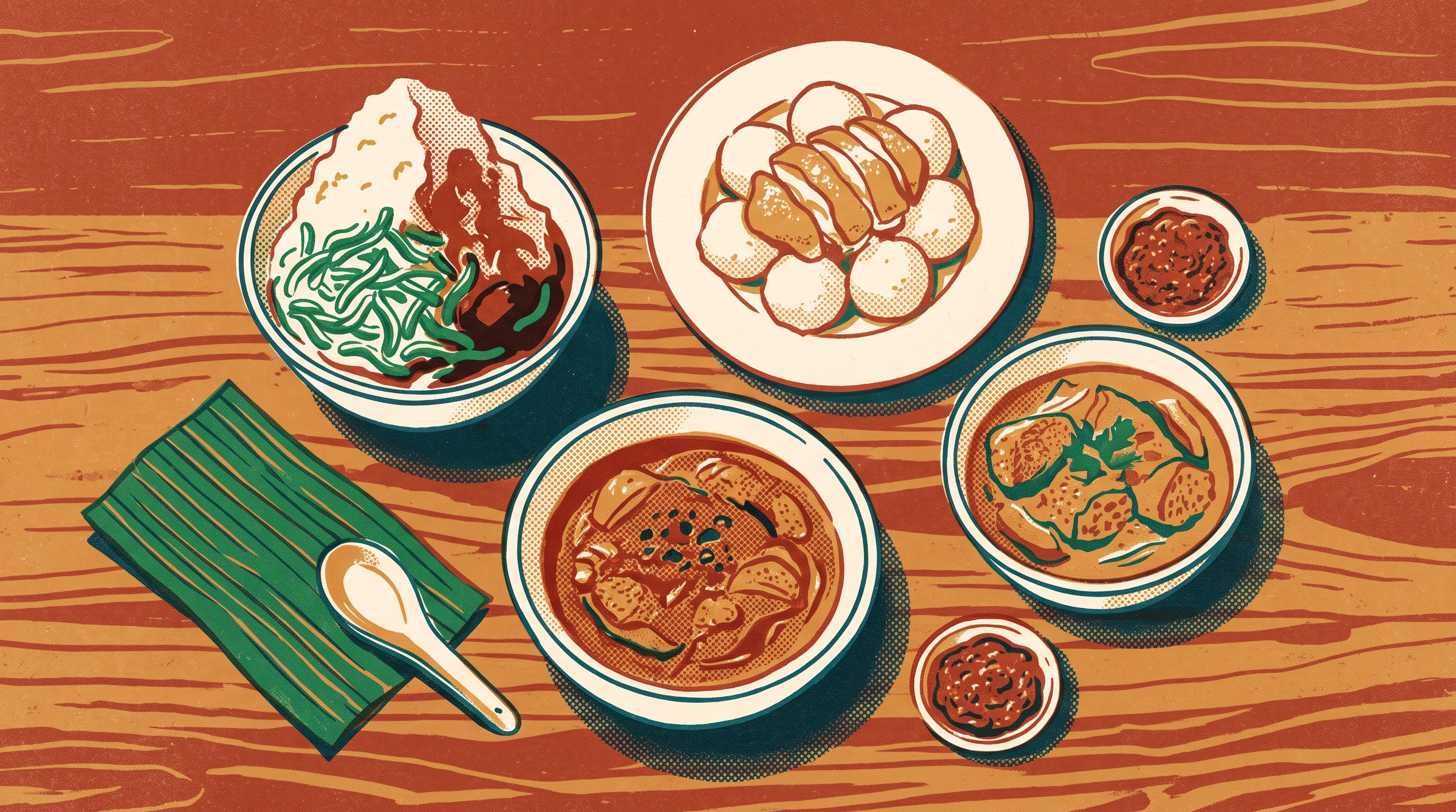 Illustration of Malaysian dishes seen from above: cendol, chicken rice balls and a bowl of curry