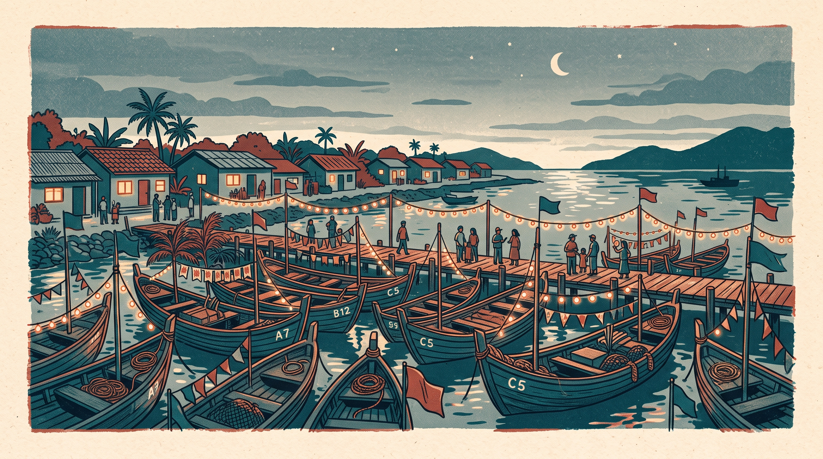 Illustration of decorated wooden fishing boats moored by a seaside village jetty in the evening