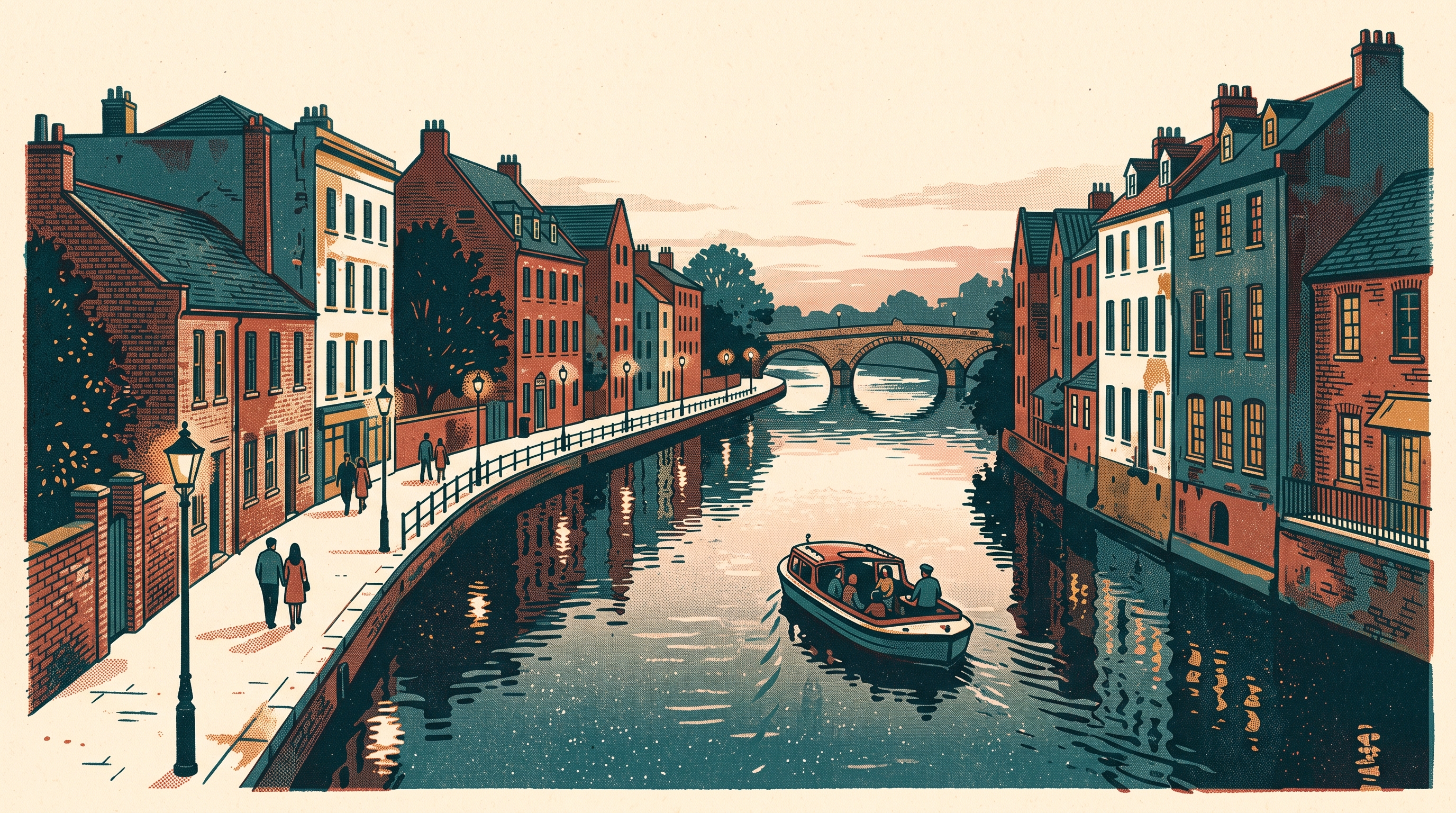 Illustration of a river at dusk between old riverside buildings, with a small cruise boat and an arched bridge
