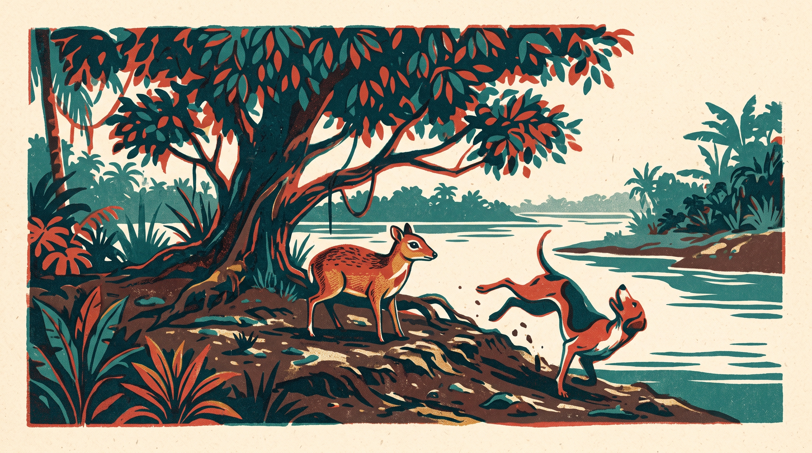 Illustration of a mouse deer standing its ground beside a river under a leafy tree, as a hunting dog falls back toward the water