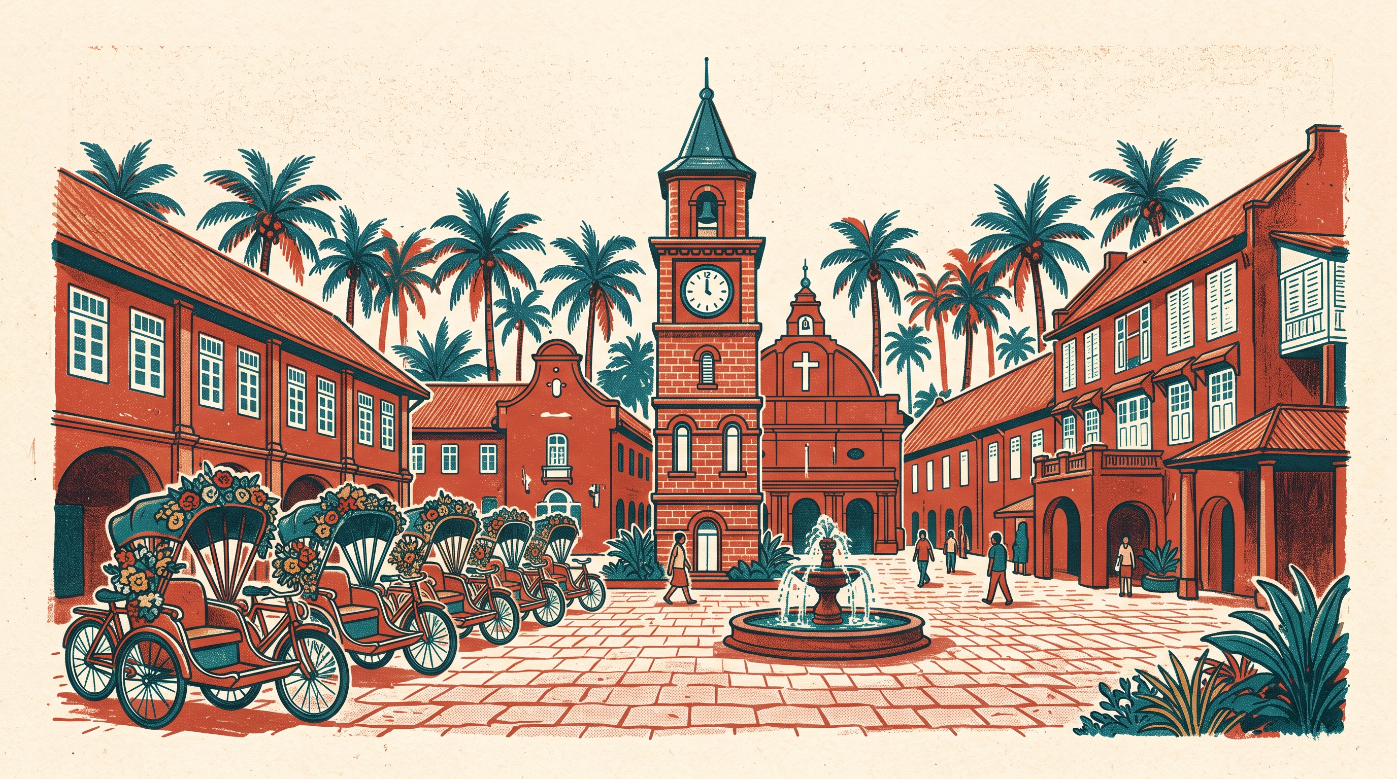Illustration of a square of red colonial buildings with a clock tower, a fountain and a line of decorated trishaws